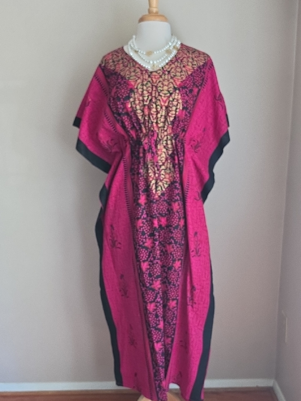 Bright Pink Floral Caftan Dress with Black Trim, 100% Cotton, Free Size.